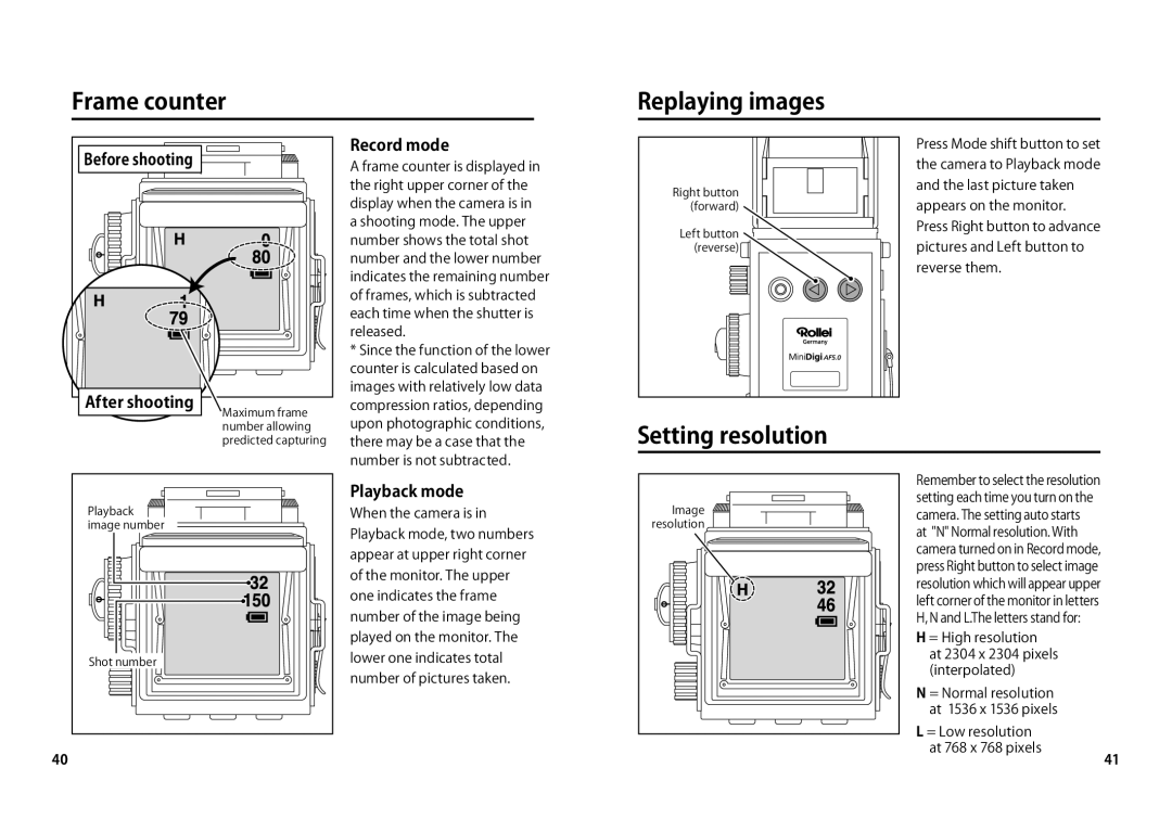 Rollei AF5.0 manual Frame counter Replaying images, Setting resolution, Record mode, After shooting, Playback mode 