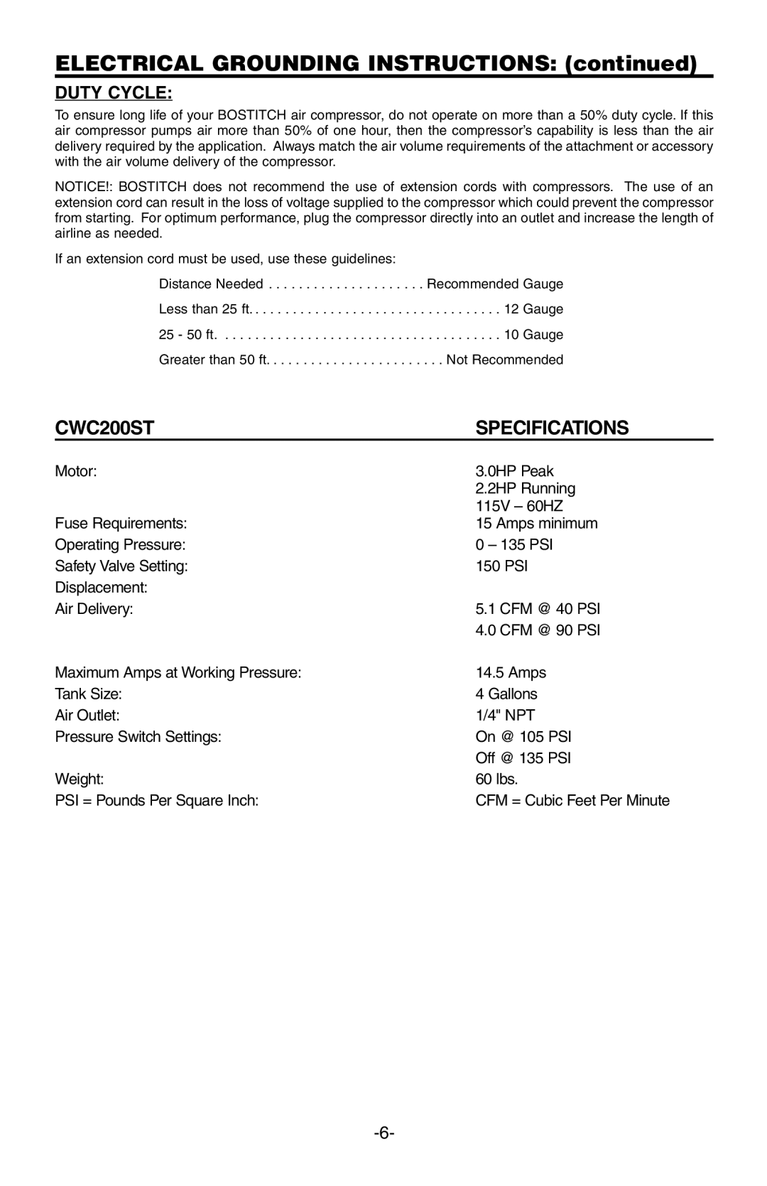 Rollei CWC200ST manual Electrical Grounding Instructions, Duty Cycle 