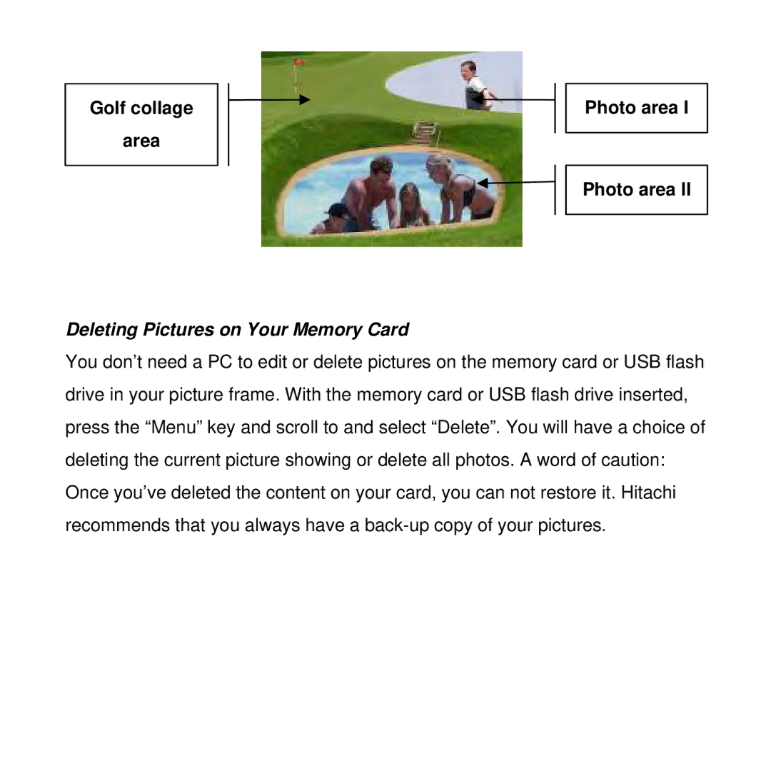 Rollei DF-8 manual Golf collage Area, Deleting Pictures on Your Memory Card, Photo area 