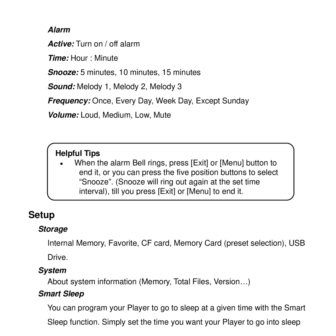 Rollei DF-8 manual Setup, Alarm, Storage, System, Smart Sleep 