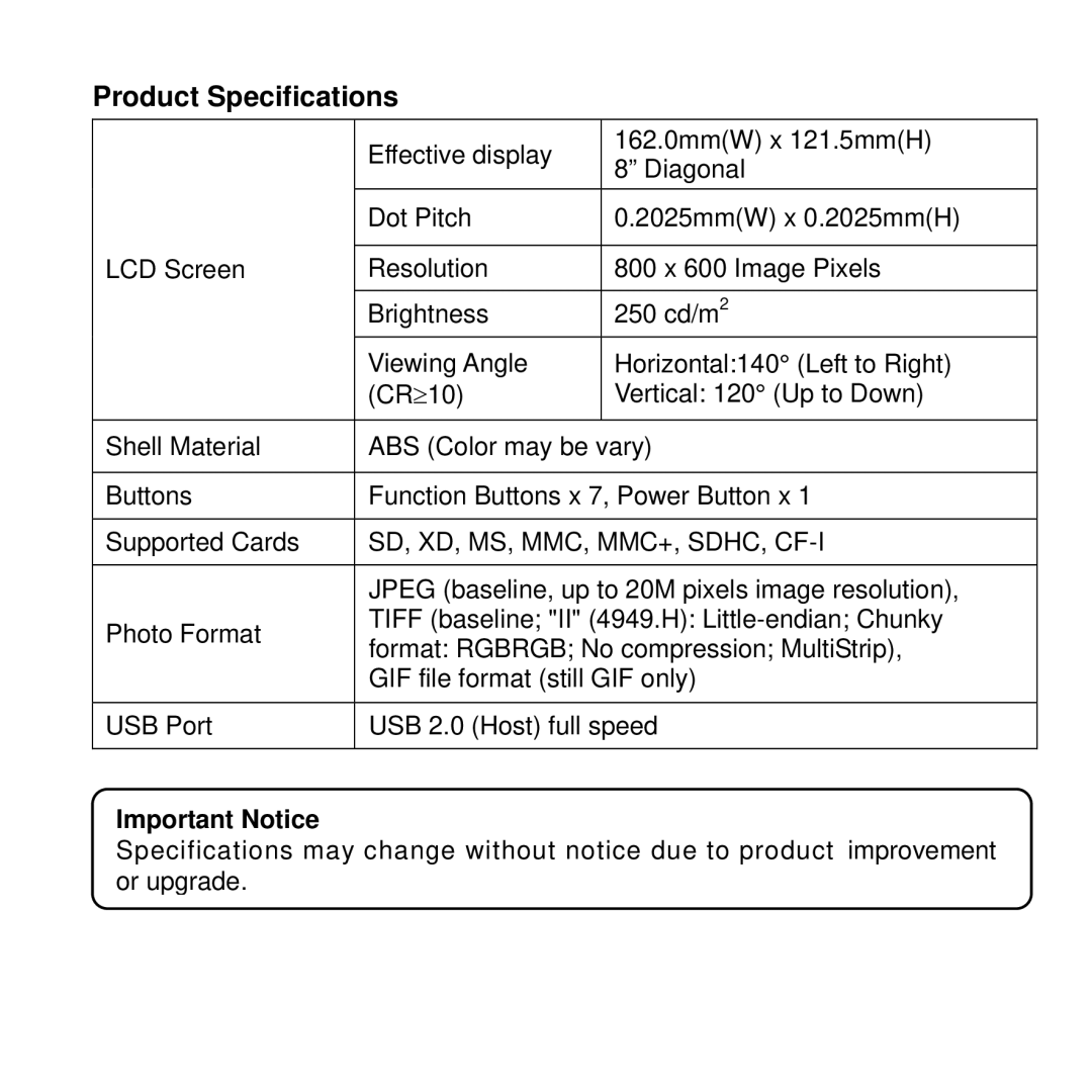 Rollei DF-8 manual Product Specifications, Important Notice 