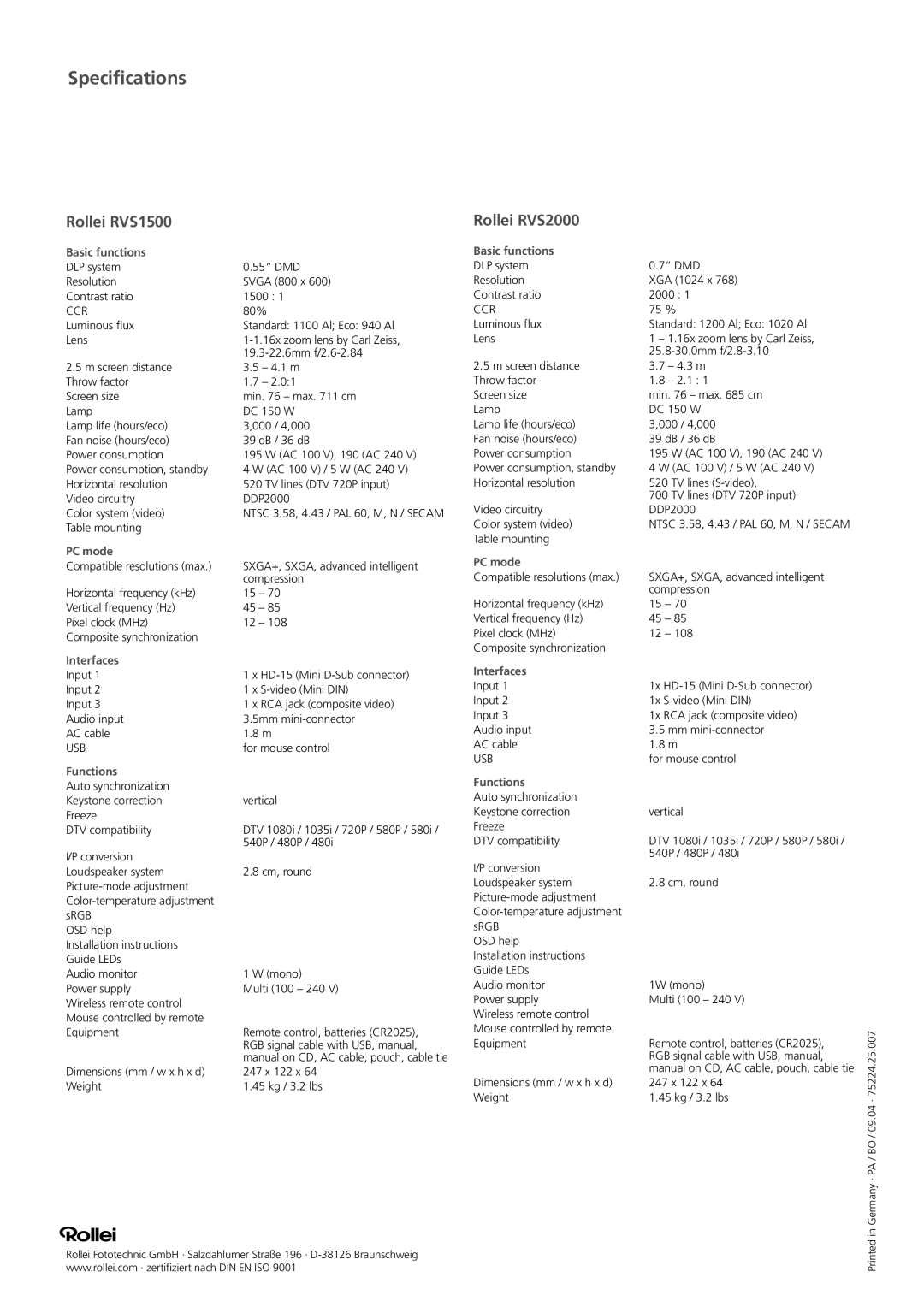 Rollei RVS2000 manual Specifications, Rollei RVS1500 