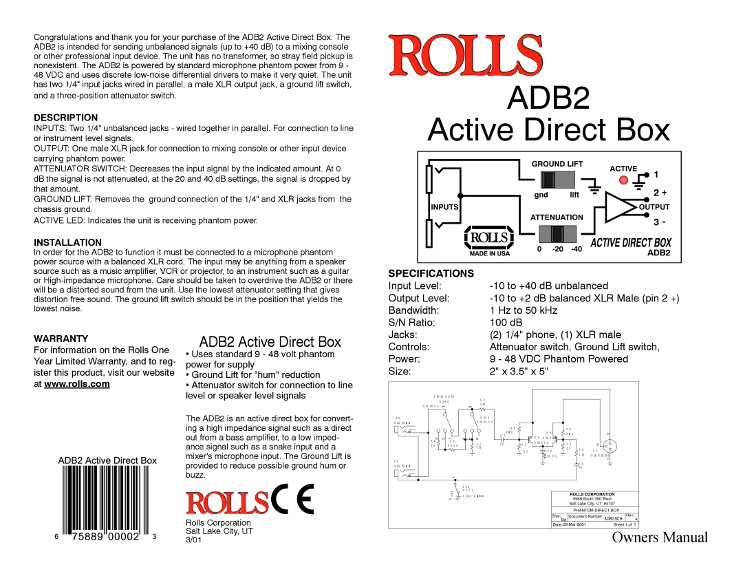 Rolls owner manual ADB2 Active Direct Box, Owners Manual, Specifications 