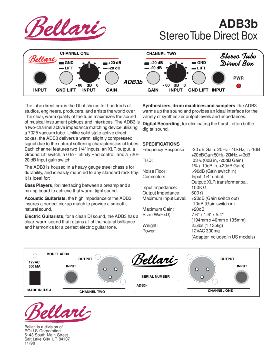 Rolls ADB3b specifications StereoTube Direct Box 