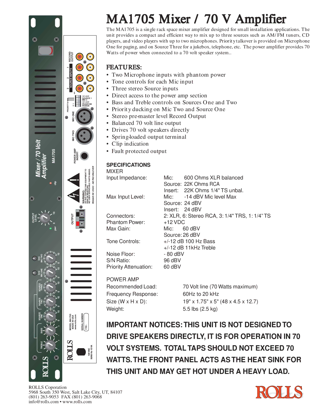 Rolls AMA1705 specifications MA1705 Mixer / 70 V Amplifier, Features, Mixer / 70 Volt, Specifications 