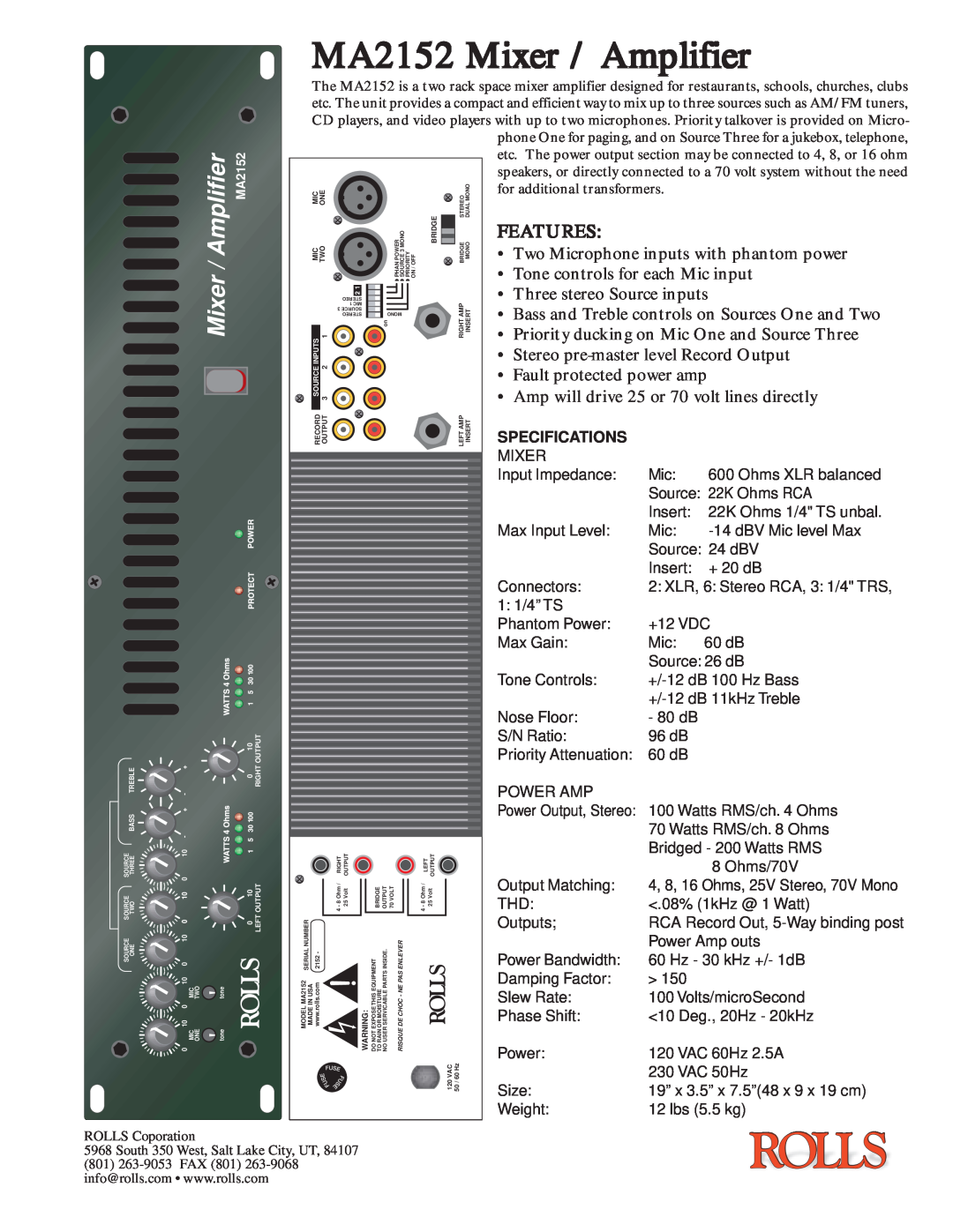 Rolls AMA2152 specifications MA2152 Mixer / Amplifier, Features, Tone controls for each Mic input, Specifications 
