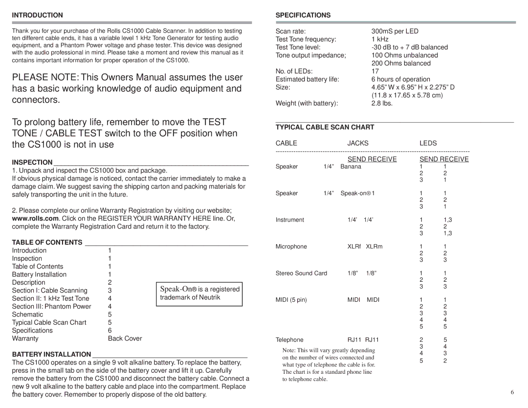 Rolls CS1000 owner manual Introduction, Specifications, Typical Cable Scan Chart 