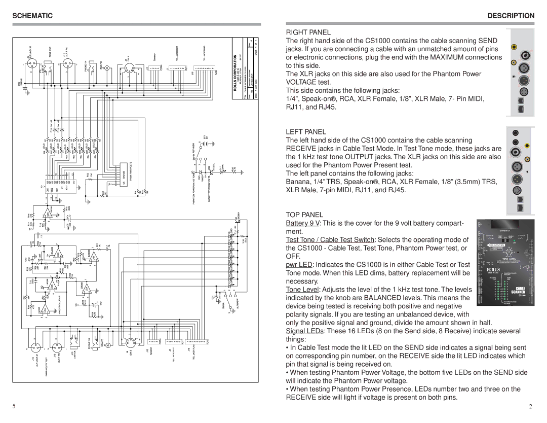 Rolls CS1000 owner manual Schematic, Description, Off 