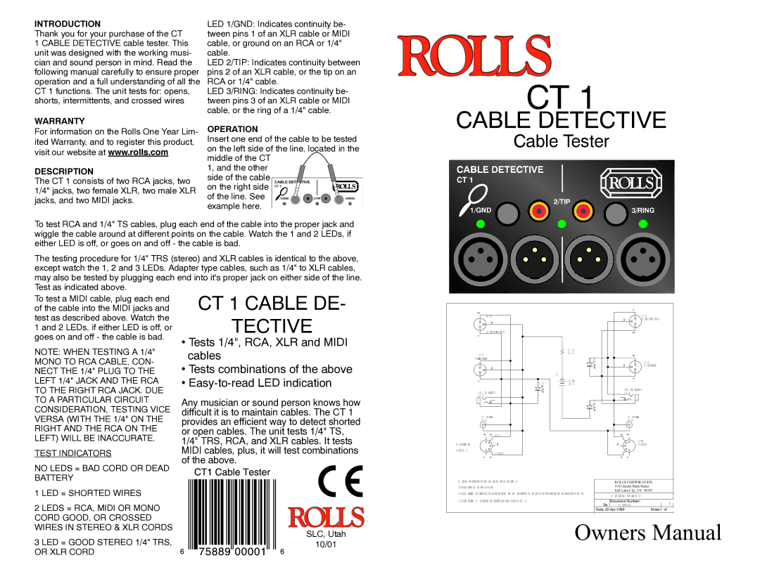 Rolls owner manual Cable Detective, CT 1 Cable DE Tective, Cable Tester 