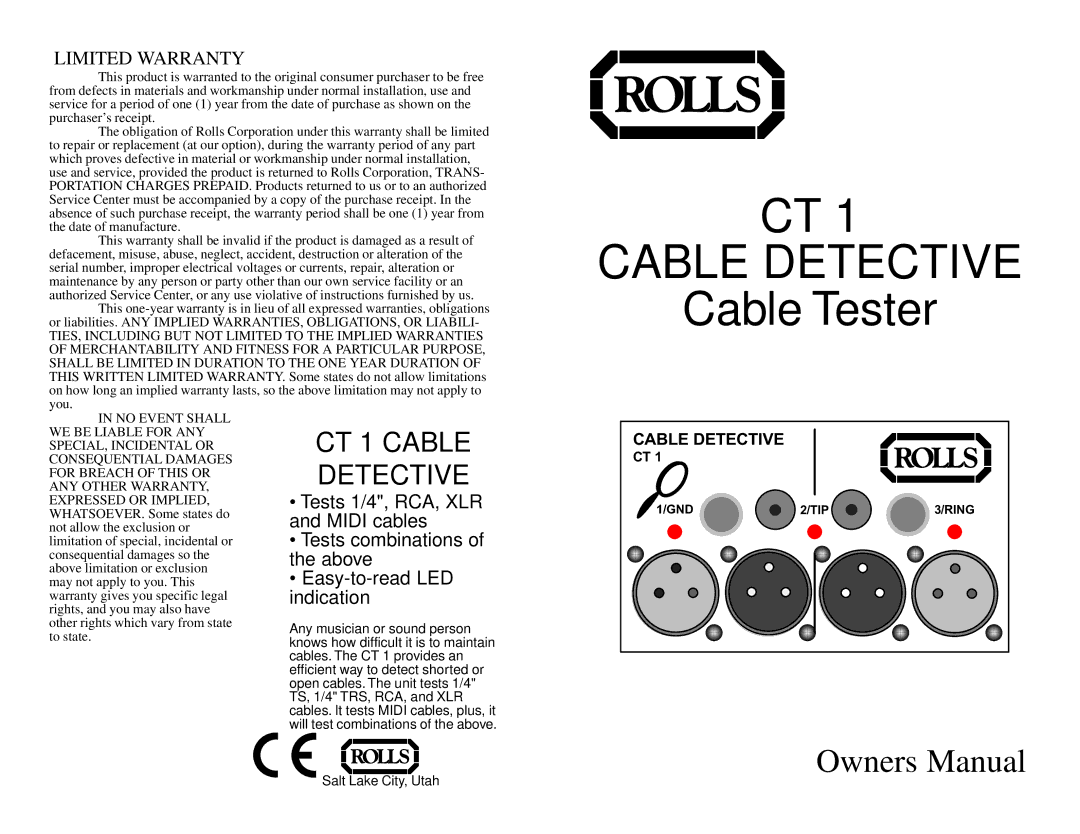 Rolls owner manual Cable Tester, CT 1 Cable Detective, Limited Warranty 