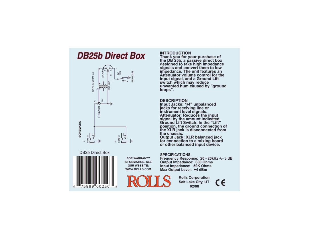 Rolls DB 25b specifications DB25b Direct Box, Introduction, Description, Specifications 