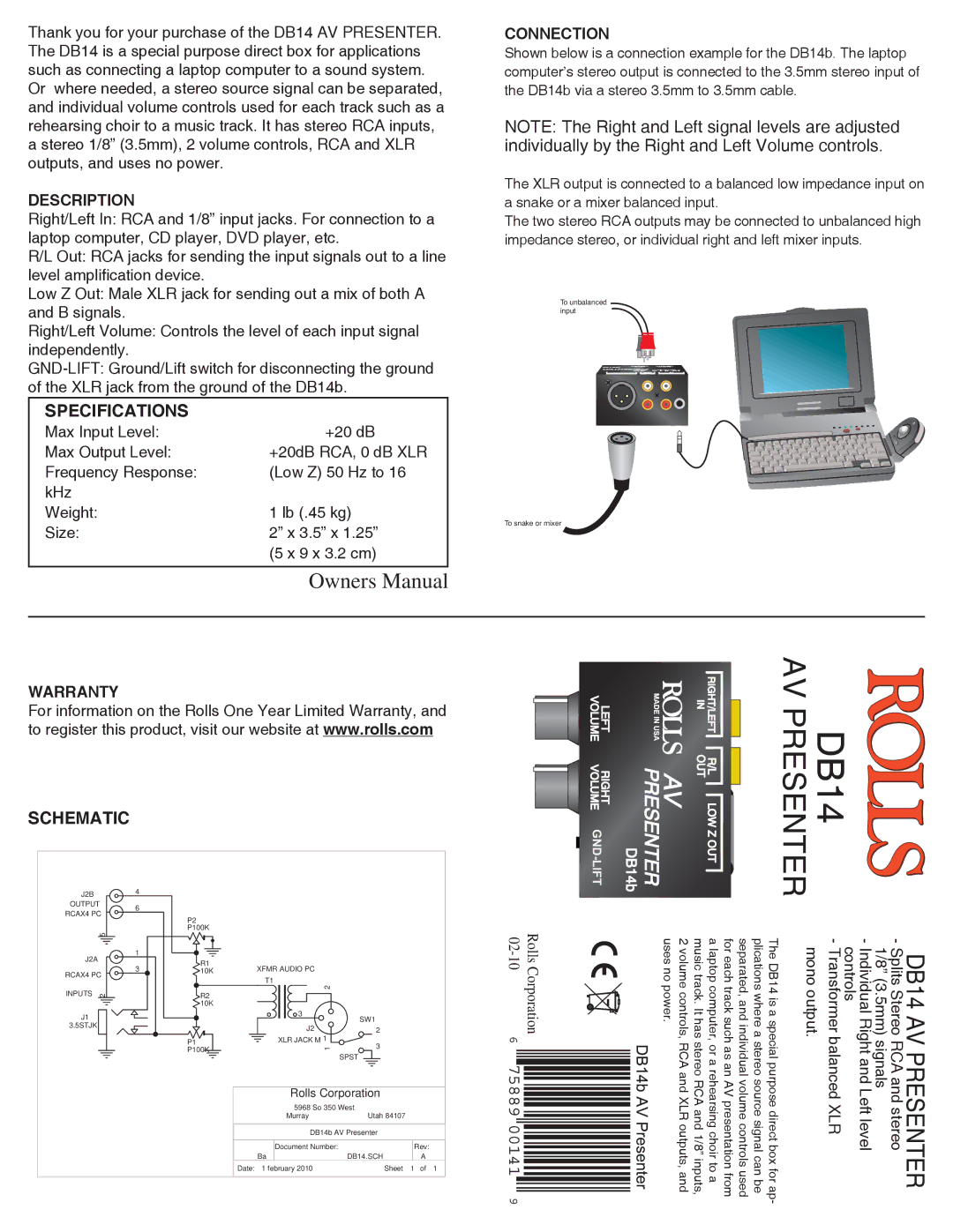 Rolls DB14 owner manual Specifications, Schematic, Description, Connection, Warranty 