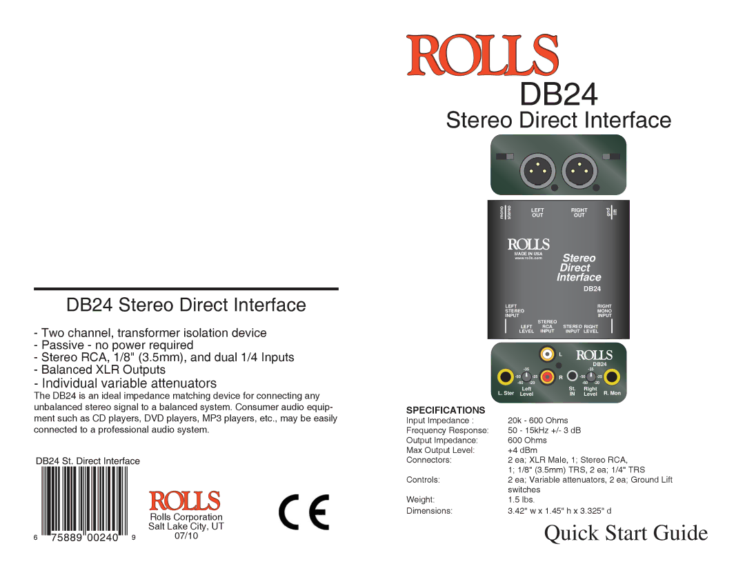 Rolls quick start DB24 Stereo Direct Interface, Specifications 