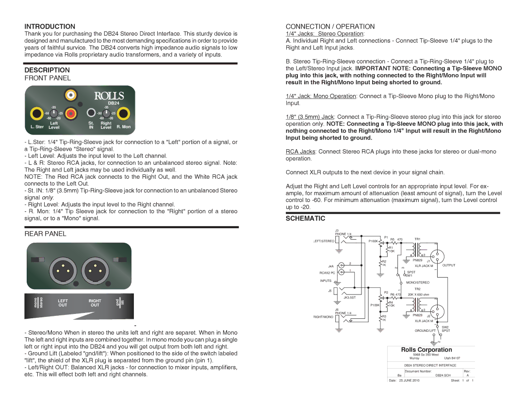 Rolls DB24 quick start Introduction, Description, Schematic 