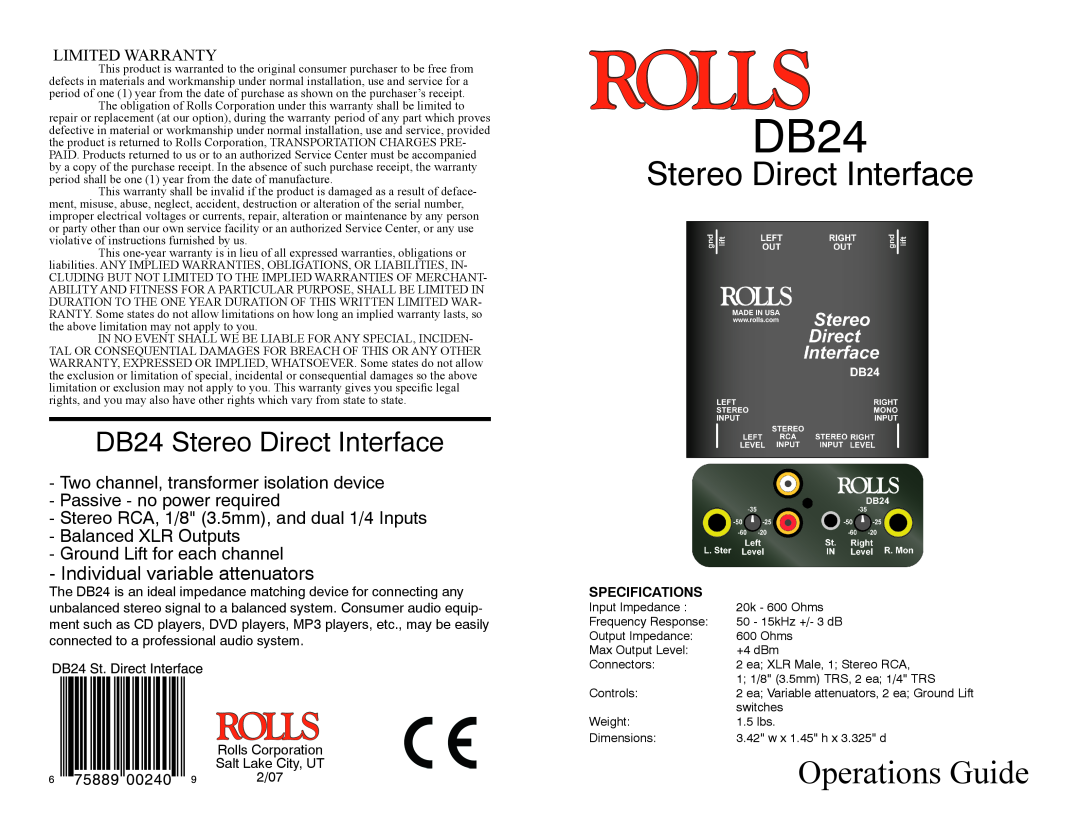 Rolls warranty Specifications, Operations Guide, DB24 Stereo Direct Interface, Individual variable attenuators 