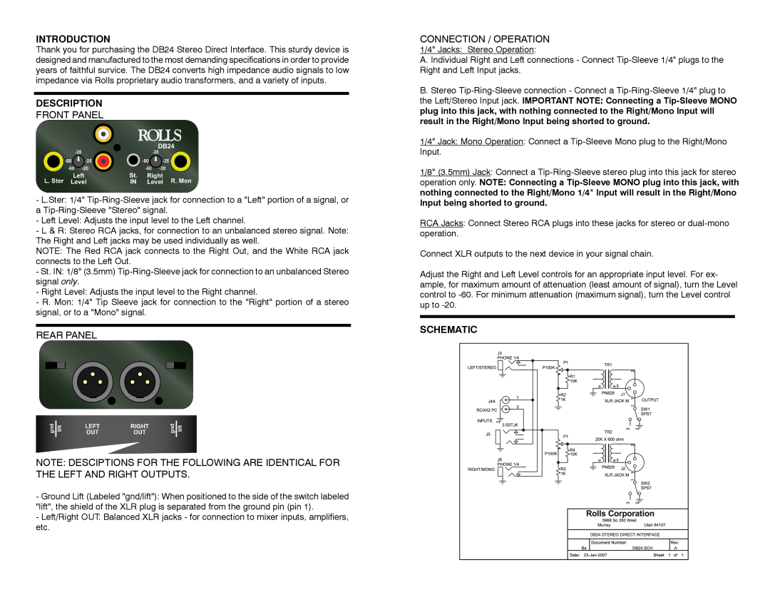 Rolls DB24 warranty Introduction, Description, Schematic, Front Panel, Rear Panel, Connection / Operation 
