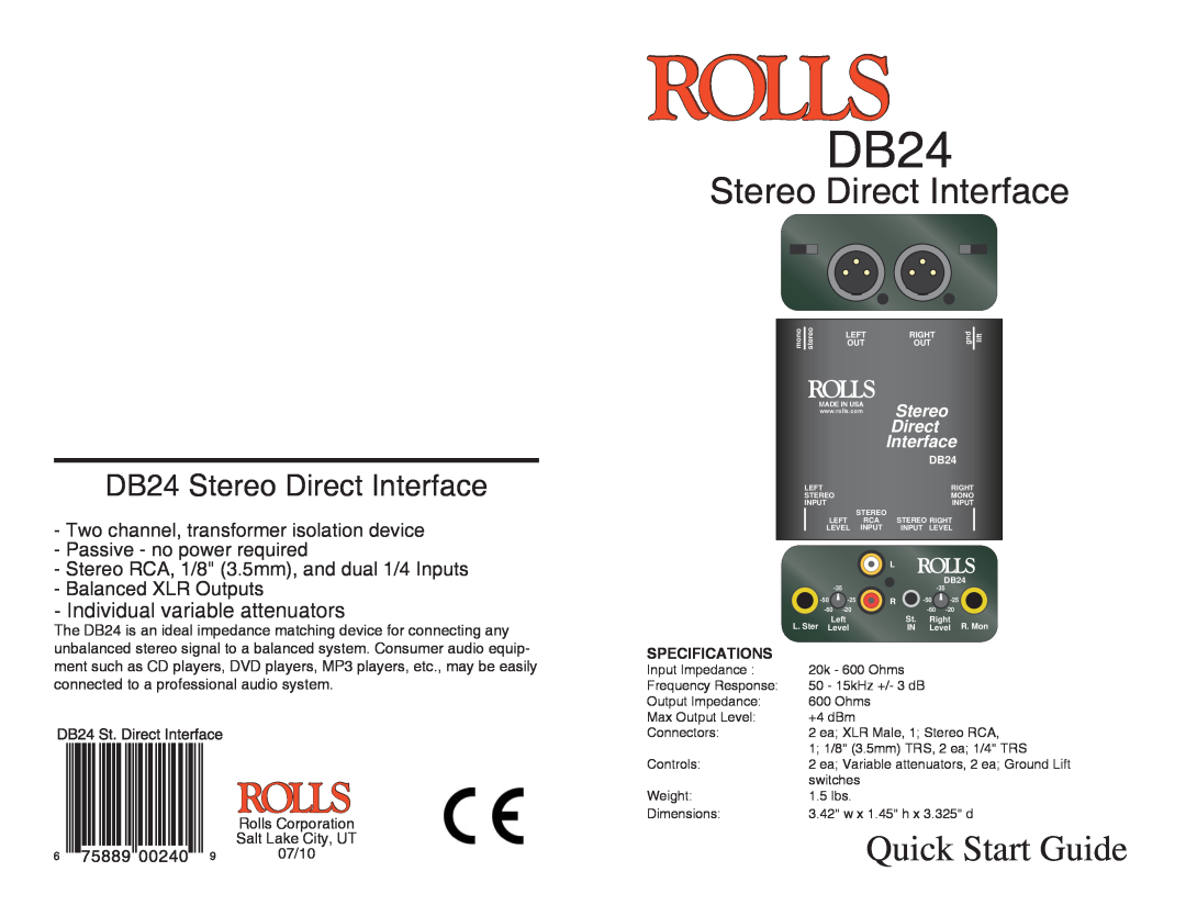 Rolls DB24 quick start Rolls Corporation Salt Lake City, UT 07/10, Specifications, Stereo Direct Interface 