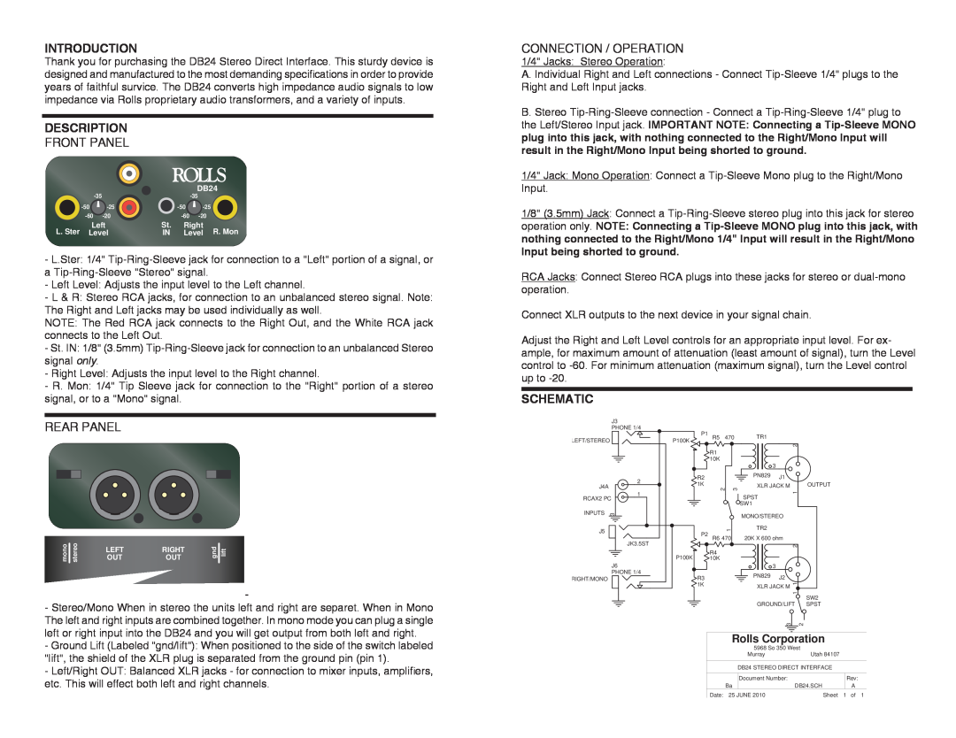 Rolls DB24 quick start Introduction, Description, Front Panel, Connection / Operation, Schematic, Rear Panel 