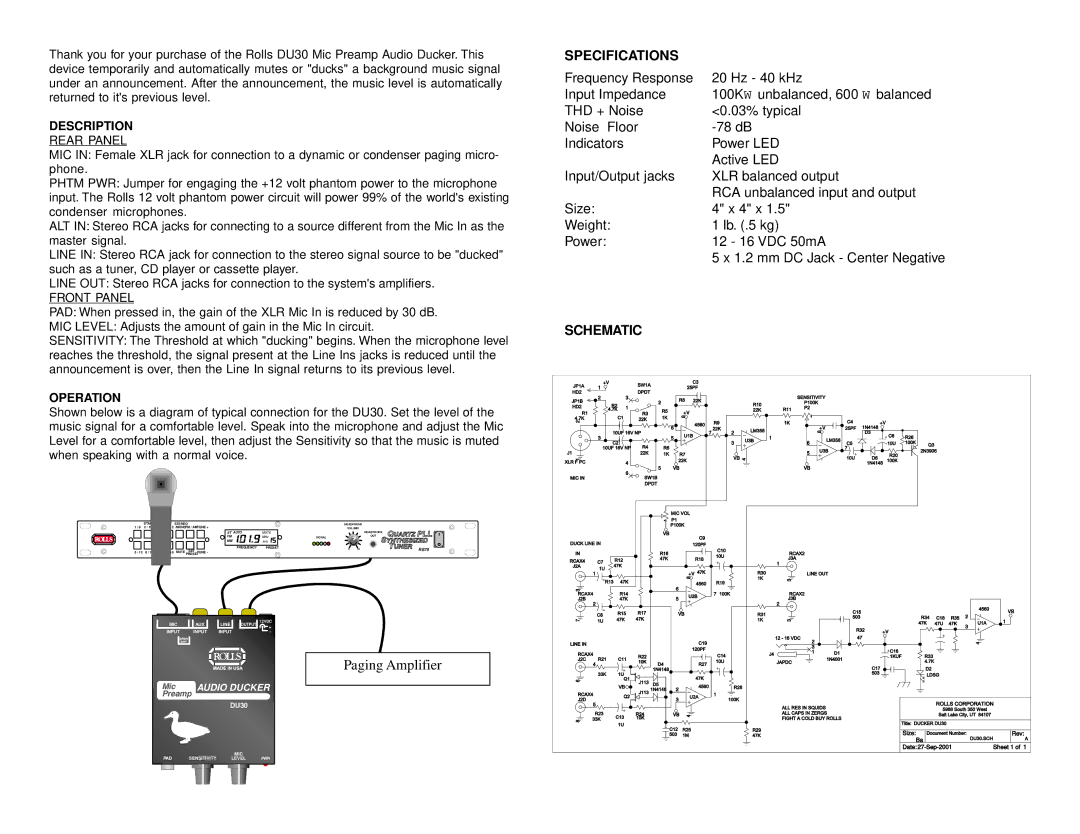 Rolls DU30 owner manual Specifications, Schematic, Description, Operation 