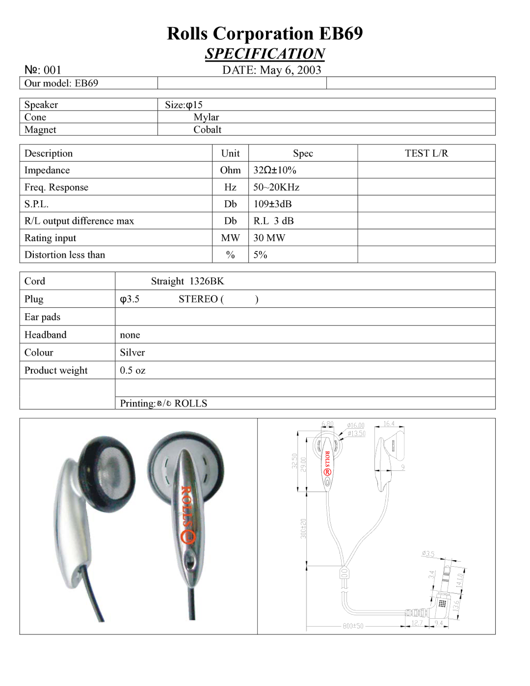 Rolls manual Rolls Corporation EB69, Specification, Date May 6, Test L/R 