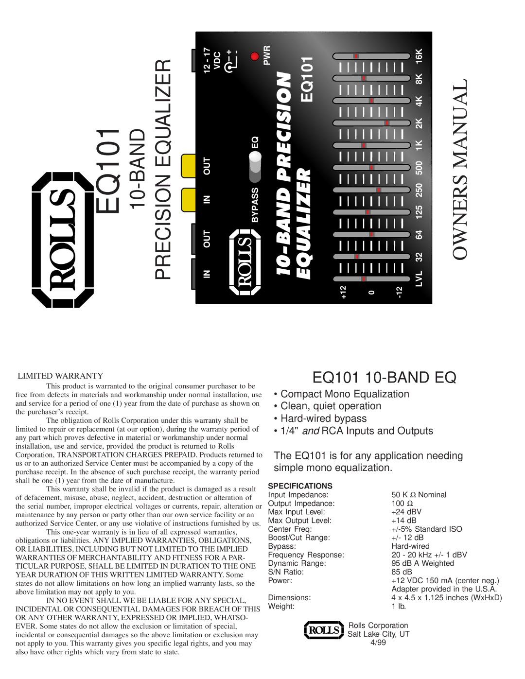 Rolls owner manual Band Precision Equalizer, EQ101 10-BAND EQ, Specifications 