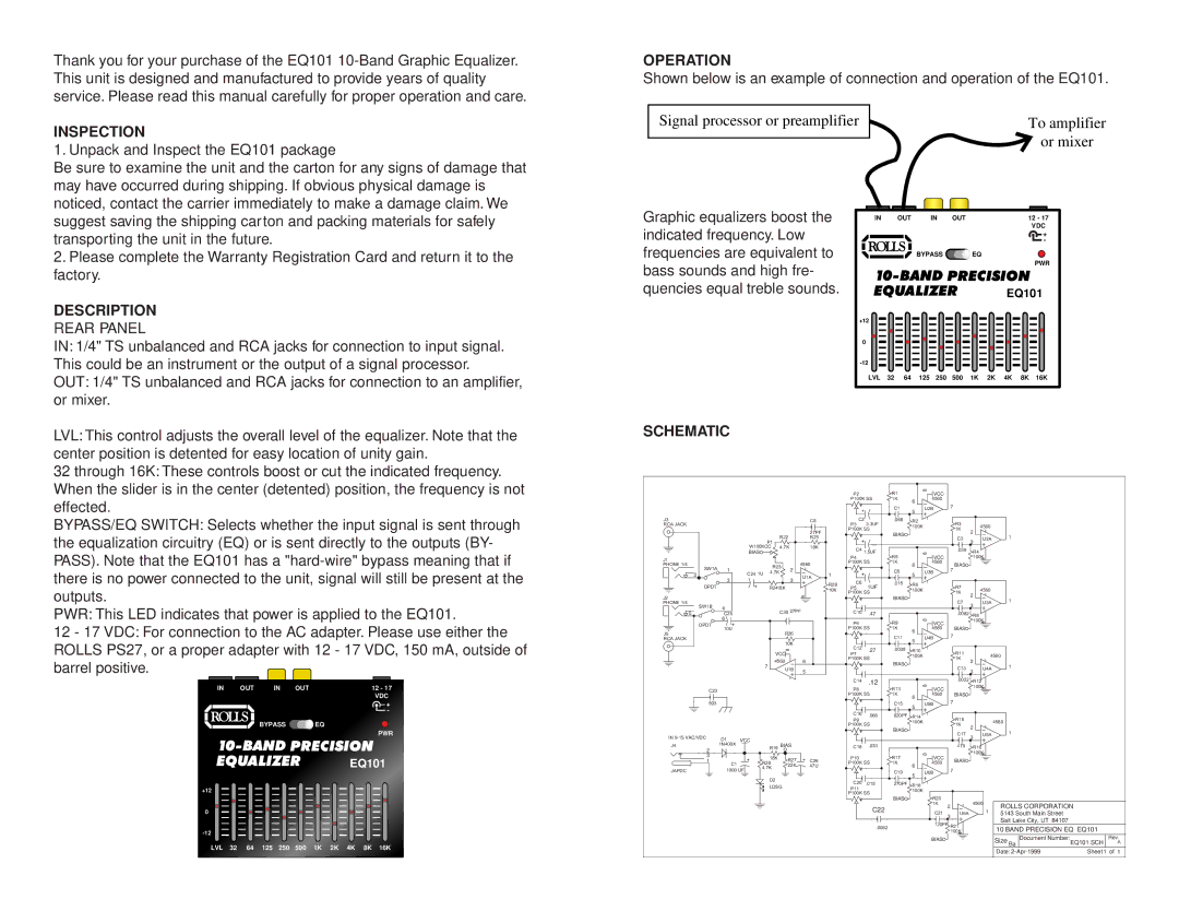 Rolls EQ101 owner manual Signal processor or preamplifier, Or mixer 