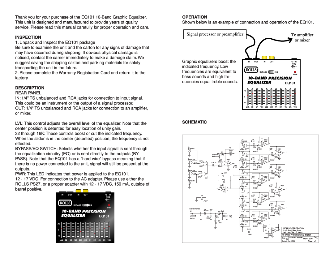 Rolls EQ101 owner manual Signal processor or preamplifier, or mixer, Inspection, Operation, Description, Schematic 