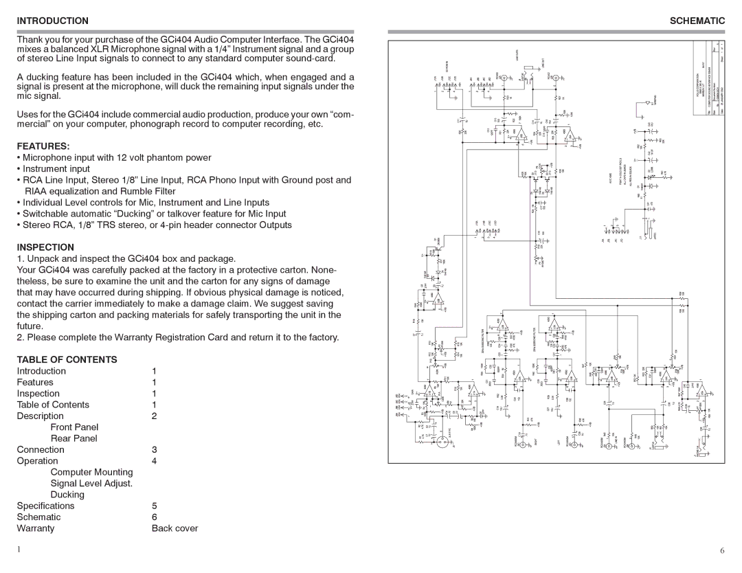 Rolls GCi404 owner manual Introduction, Features, Inspection, Table of Contents, Schematic 