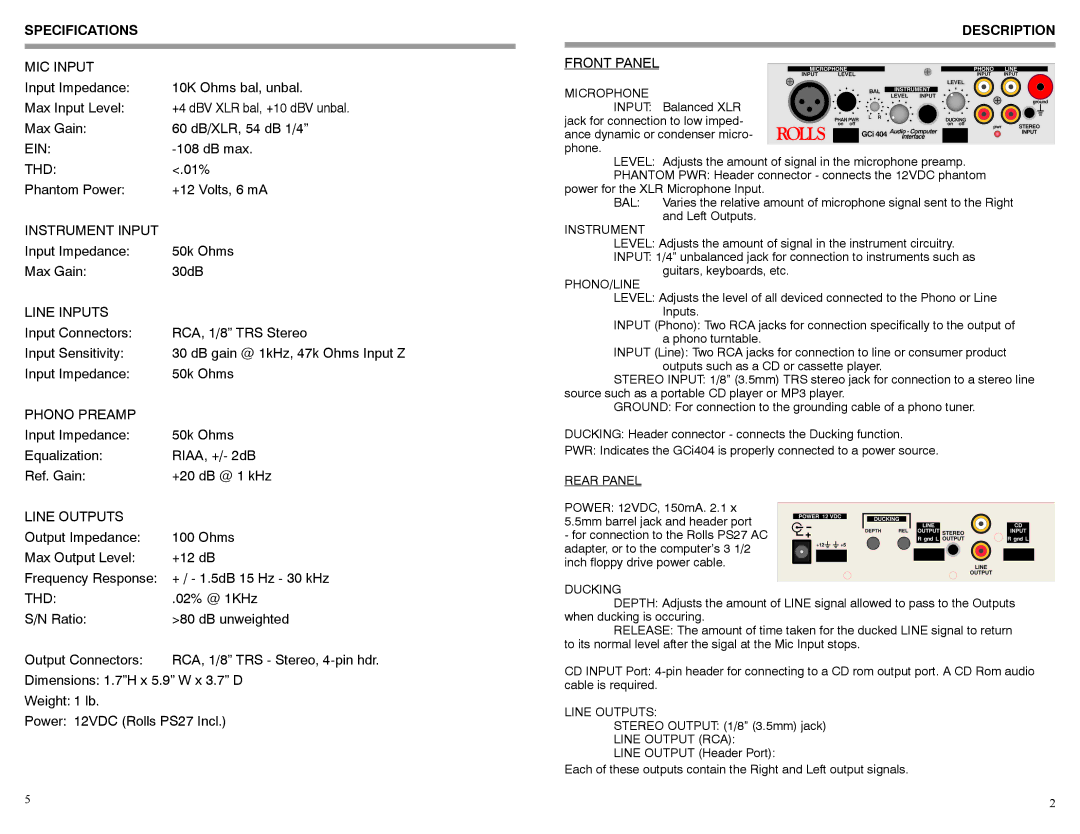 Rolls GCi404 owner manual Specifications, Description 