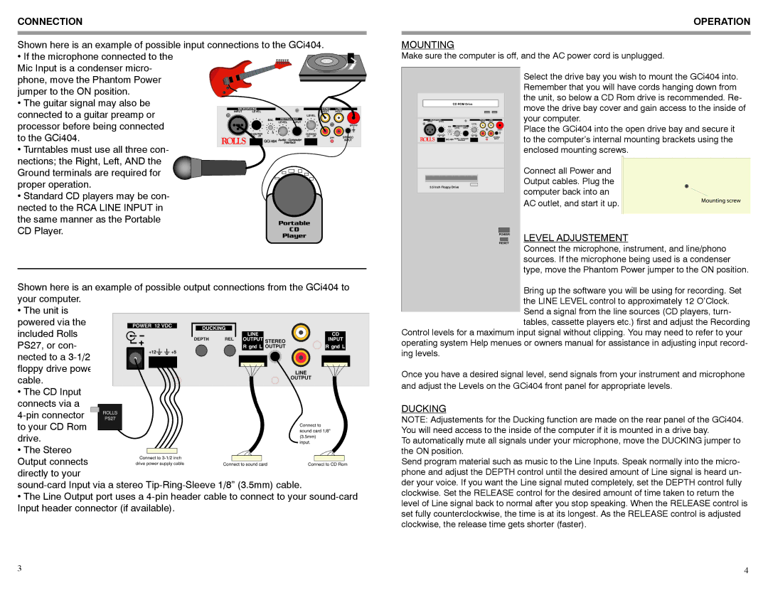 Rolls GCi404 owner manual Connection, Operation, Mounting, Level Adjustement, Ducking 