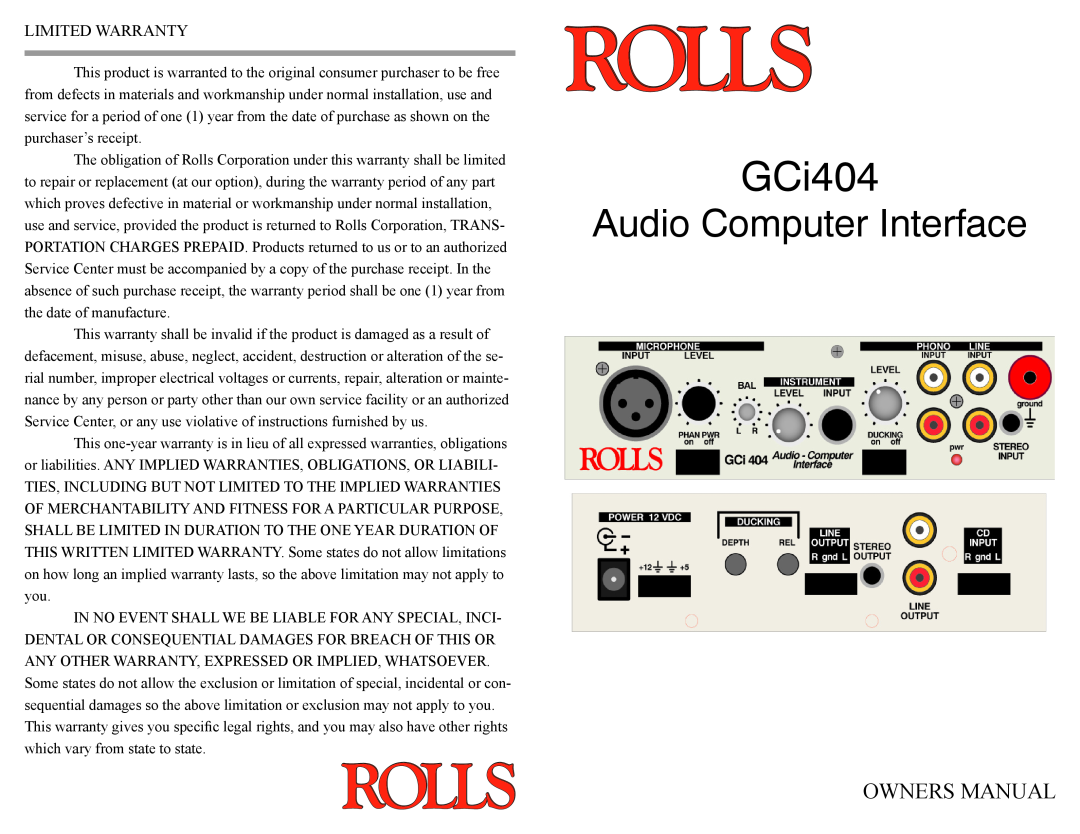 Rolls GCi404 owner manual Audio Computer Interface, Owners Manual, Limited Warranty 