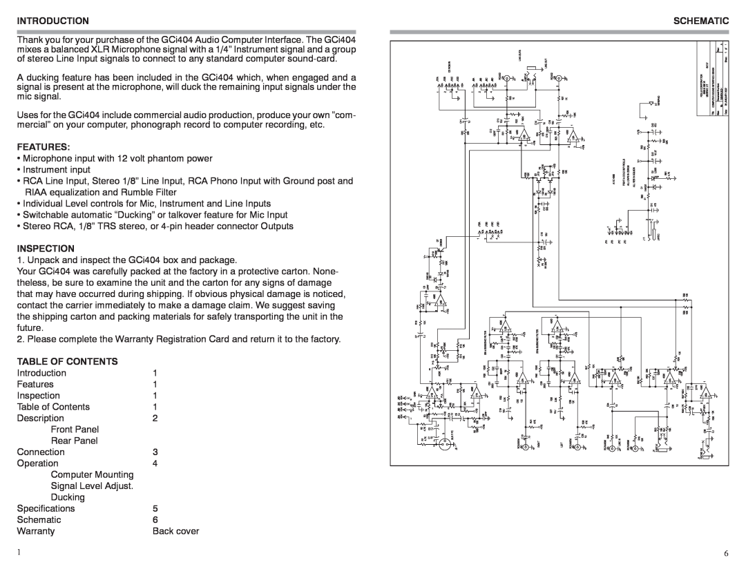 Rolls GCi404 owner manual Introduction, Features, Inspection, Table Of Contents, Schematic 