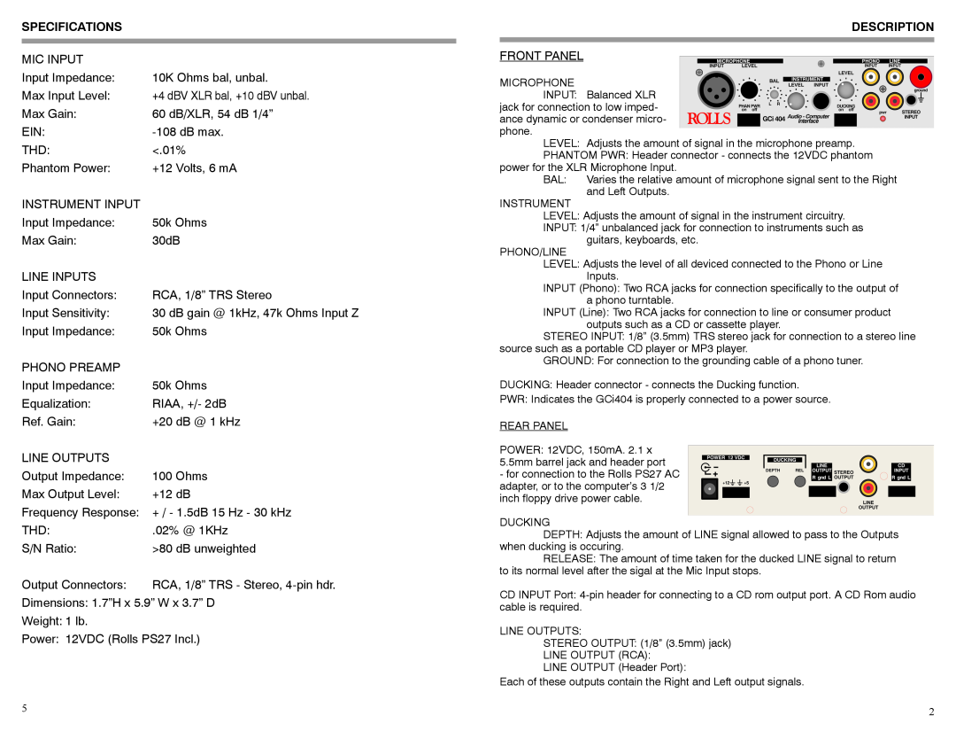 Rolls GCi404 owner manual Specifications, Description 
