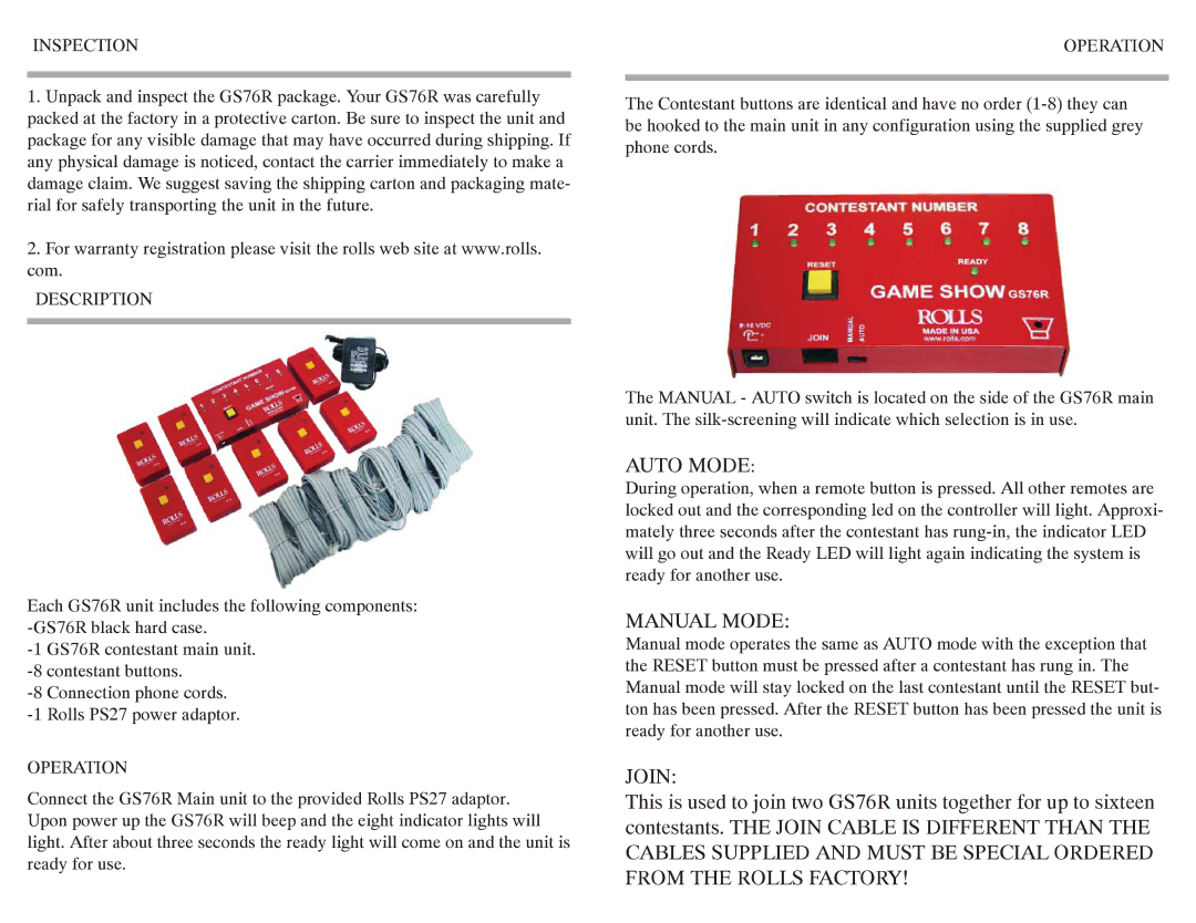 Rolls GS76R quick start Auto Mode, Manual Mode, Join 