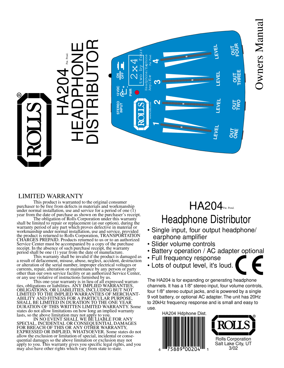 Rolls HA204 owner manual Headphone Distributor 