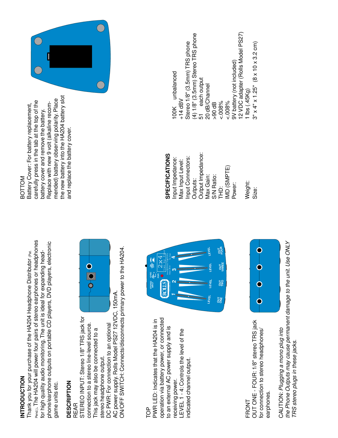 Rolls HA204 owner manual Introduction, Description, Specifications 