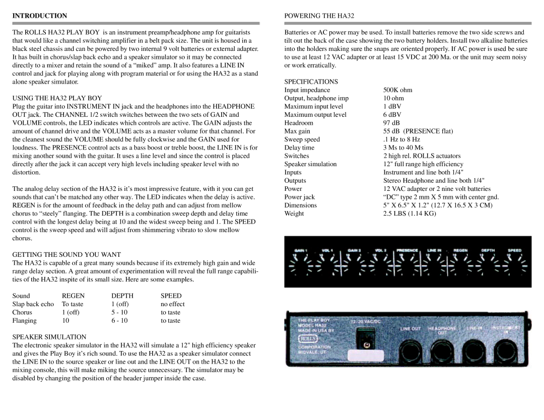 Rolls Using the HA32 Play BOY, Getting the Sound YOU Want, Regen Depth Speed, Speaker Simulation, Powering the HA32 