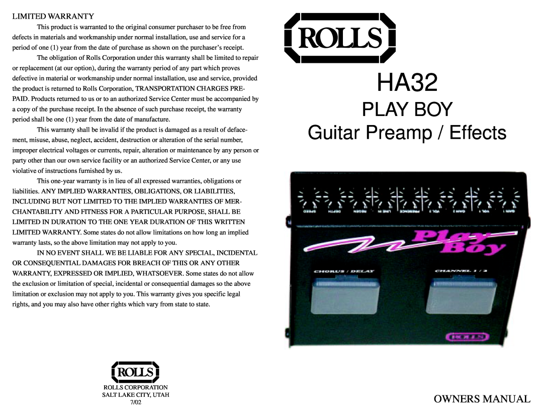 Rolls HA32 owner manual PLAY BOY Guitar Preamp / Effects, Limited Warranty 