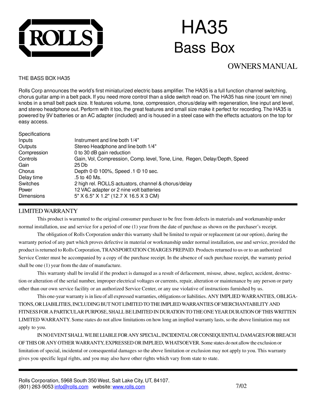 Rolls owner manual Bass Box, Limited Warranty, Bass BOX HA35 