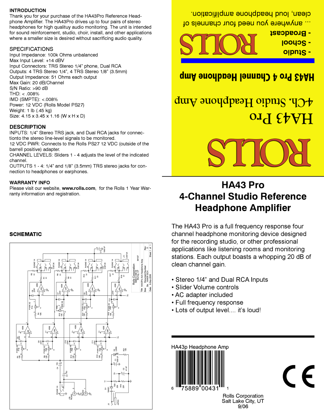 Rolls specifications Pro HA43, HA43 Pro Channel Studio Reference Headphone Amplifier, Specifications, Description 