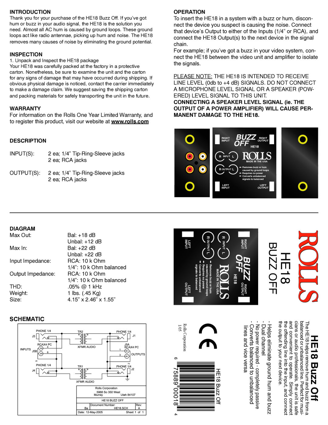 Rolls HE18 warranty Introduction, Inspection, Warranty Description, Operation, Diagram 