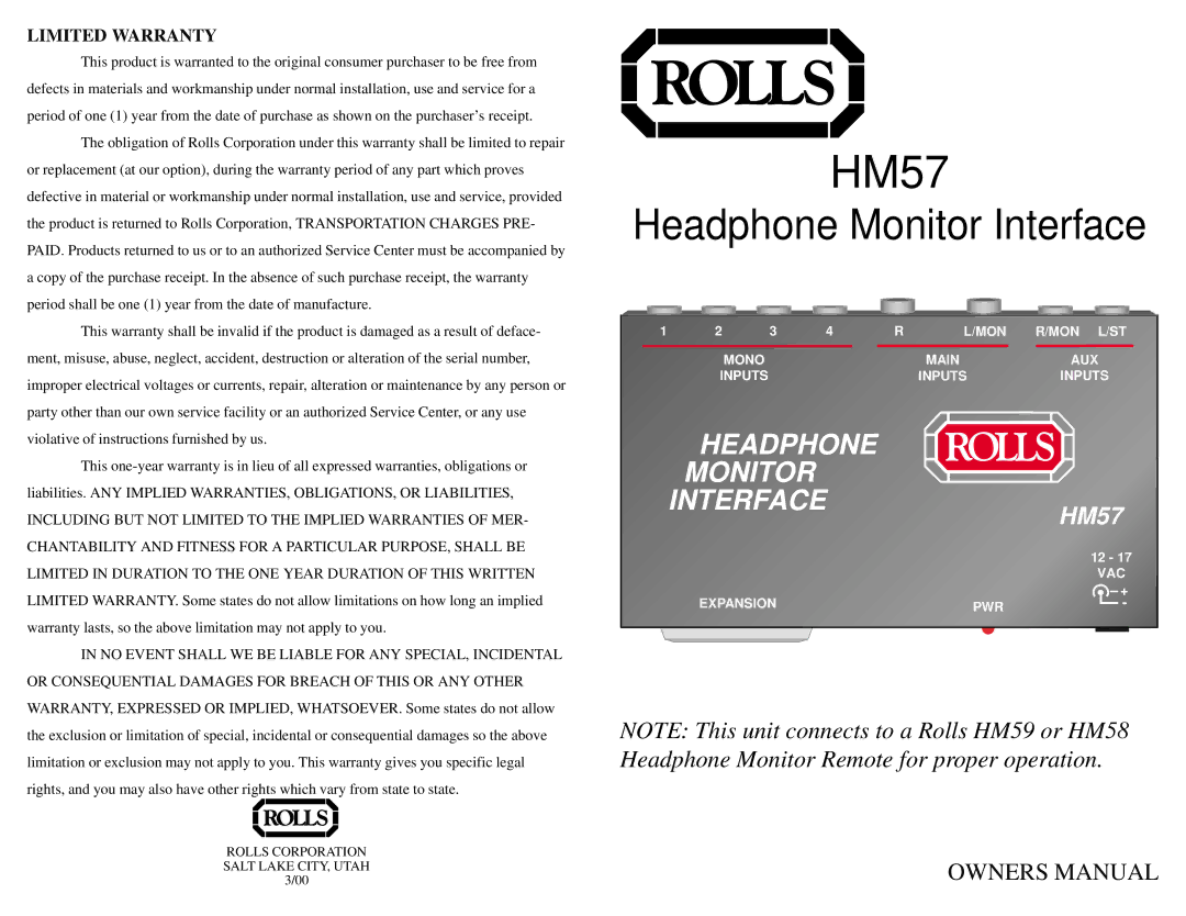 Rolls HM57 owner manual 