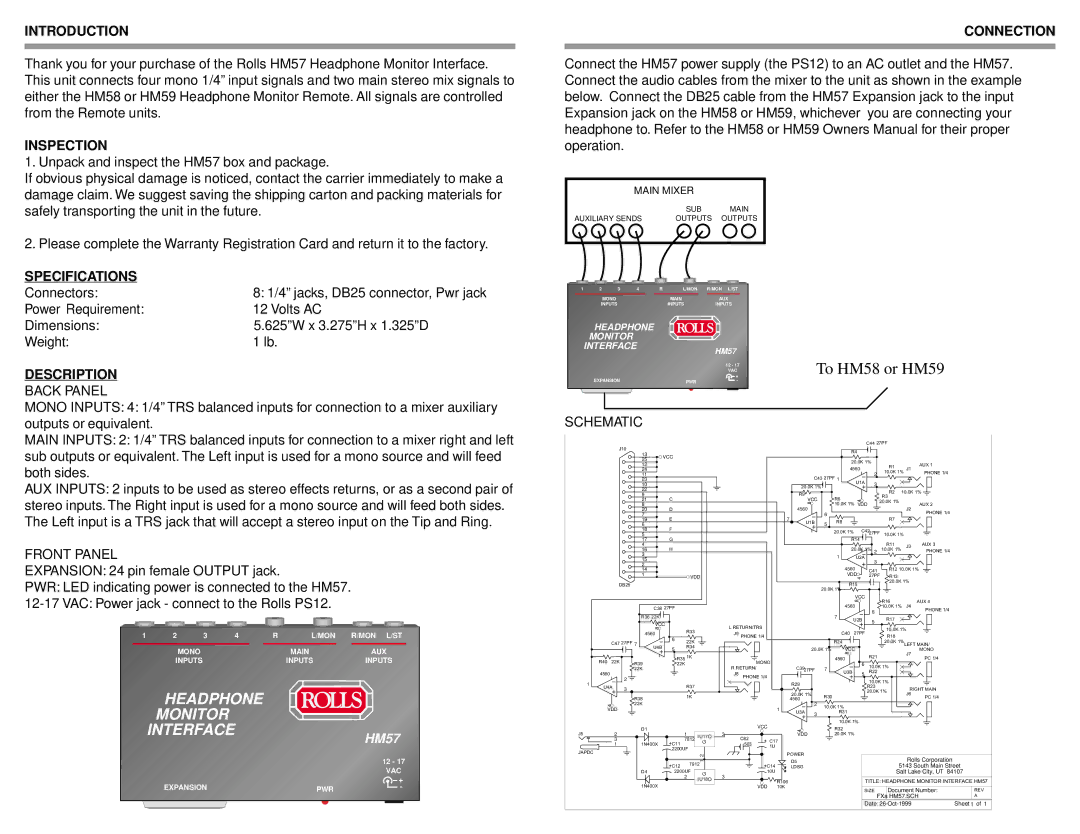 Rolls HM57 owner manual Introduction, Inspection, Connection, Specifications, Description 