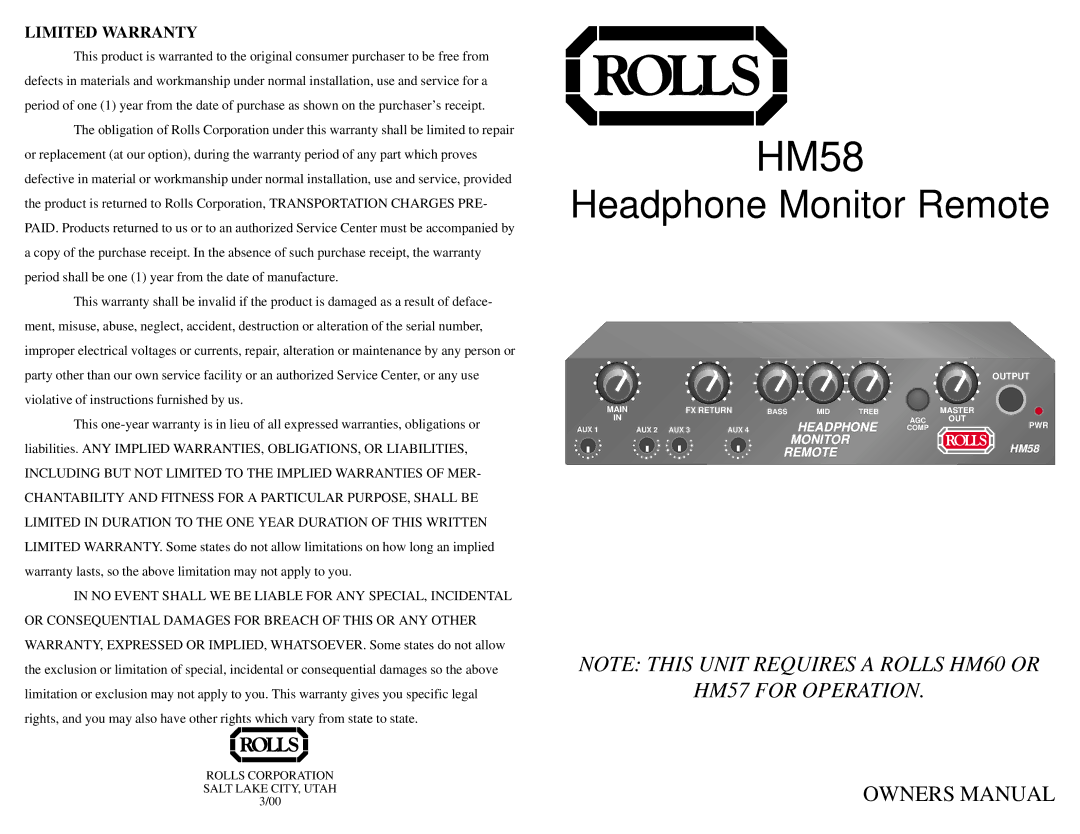 Rolls HM58 owner manual 