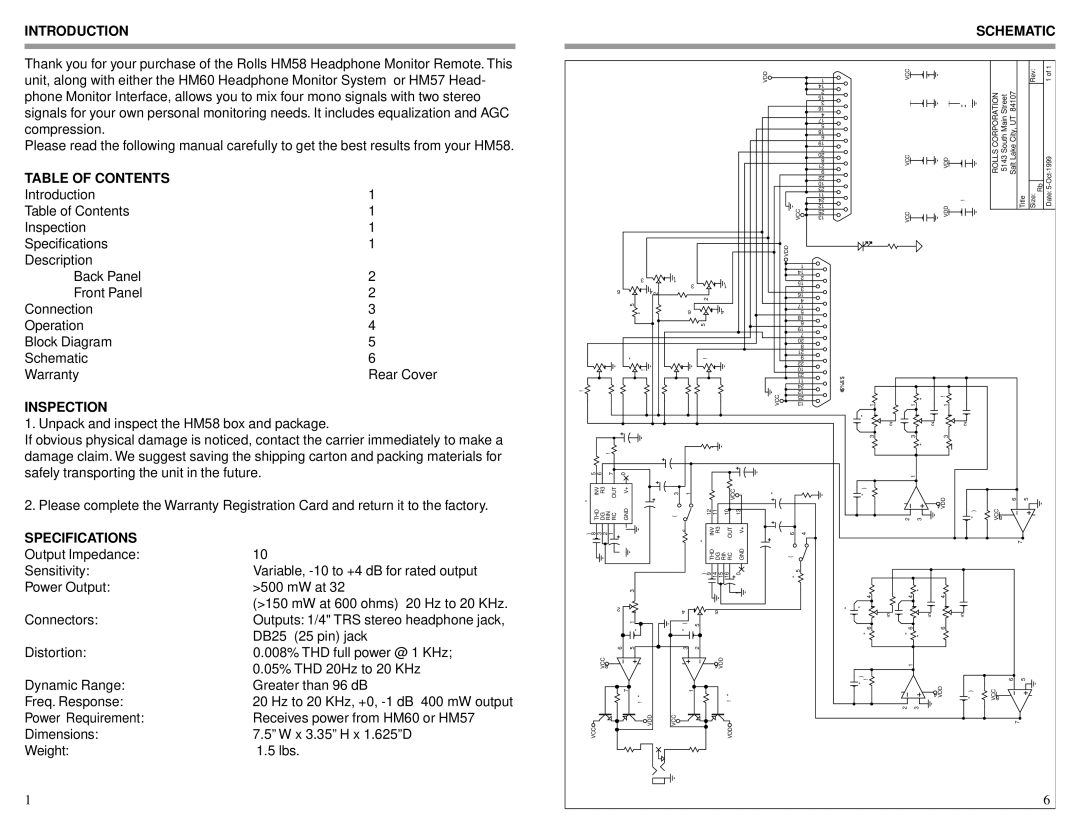 Rolls HM58 owner manual Introduction, Table of Contents, Inspection, Specifications, Schematic 