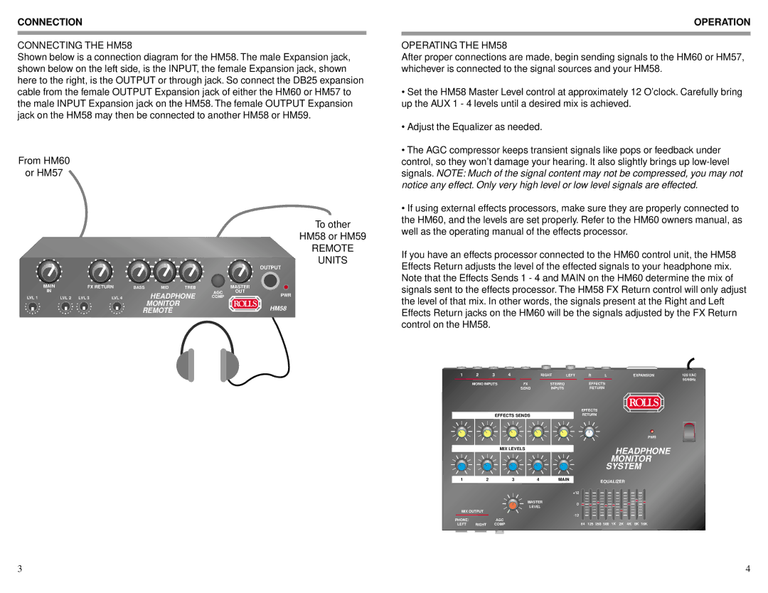 Rolls HM58 owner manual Connection, Operation 