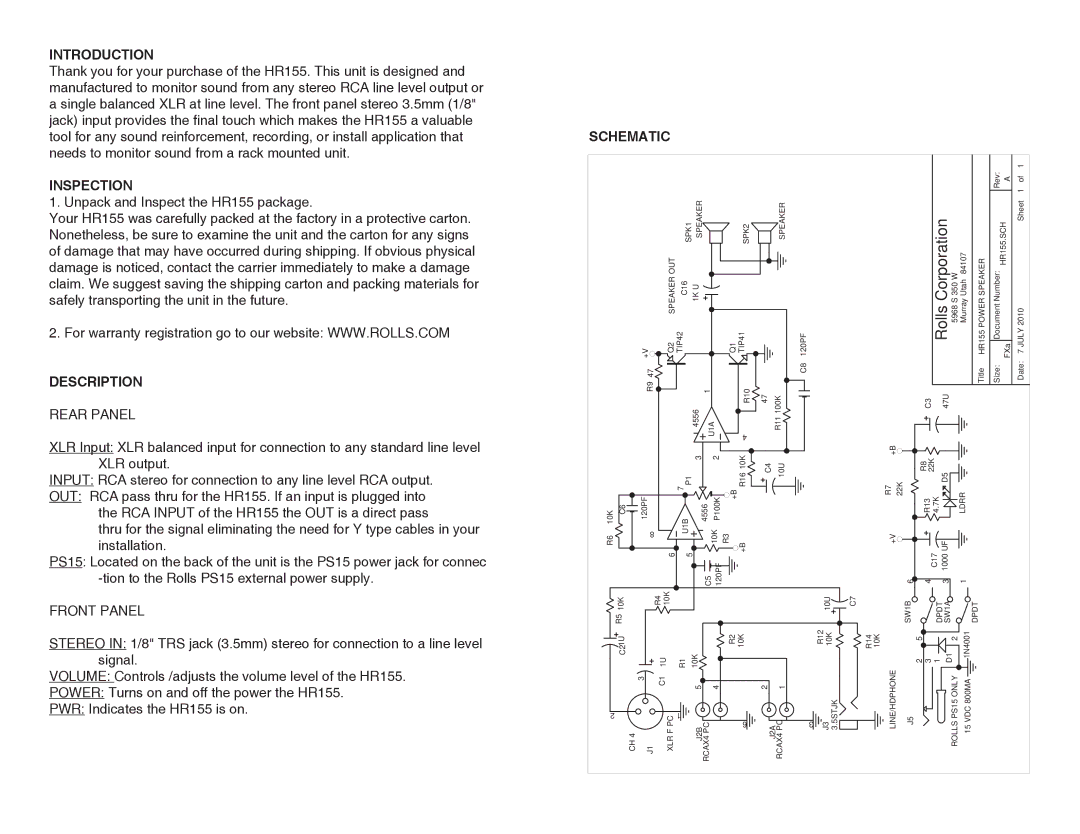 Rolls HR155 quick start Introduction, Inspection, Description, Schematic 