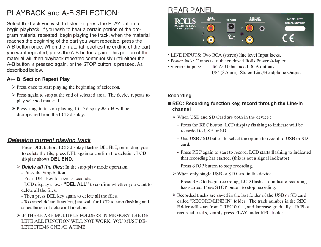 Rolls HR73 quick start Playback and A-B Selection, ↔ B Section Repeat Play 