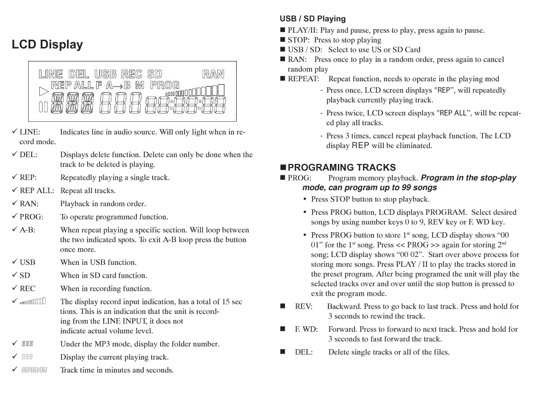 Rolls HR73 quick start Programing Tracks, USB / SD Playing 
