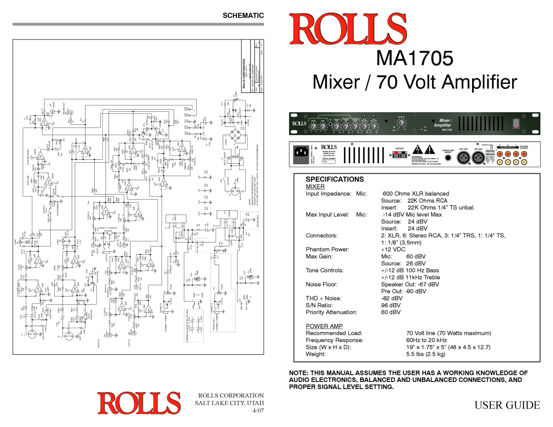 Rolls MA1705 specifications Mixer / 70 Volt Amplifier, SALT LAKE CITY, UTAH 4/07, Rolls Corporation 